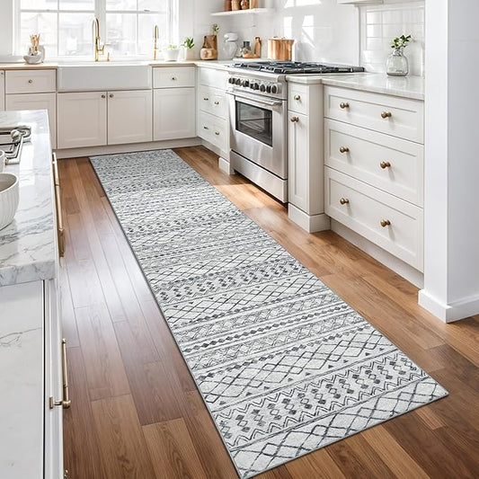 KUTA Moroccan Washable Runner Rug, 2x10 Non-Slip Vintage Grey Boho Hallway Kitchen Runners Ultra Soft Distressed Geometric Floor Carpet Rugs for Bedroom Laundry Living Room
