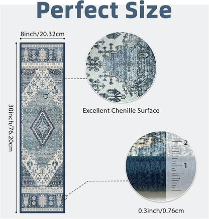 Non Slip Stair Treads for Wooden Steps 15PCS - 8"x30" Indoor Safety Carpet, Edging Mats with TPE Adhesive Backing, Pet and Elderly Friendly Stair Rugs (Blue&Ivory)