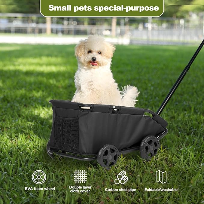 Mini Dog Strollers for Mini Pets, Foldable Multifunctional Shopping Carts with Extendable Pull Handle, Doggie Wagon Built-in Cushion and Safety Rope with Storage Bag (Black)