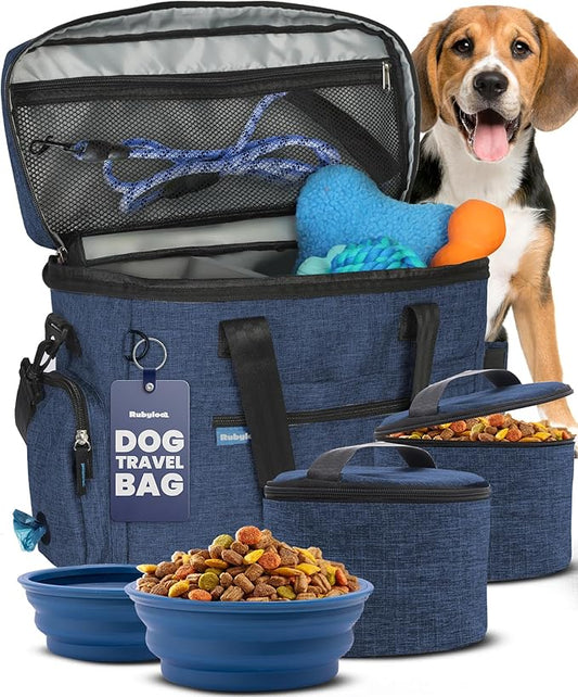 The Original Doggy Bag™ - Complete Dog Travel Bag for Supplies with 2 BPA-Free Travel Dog Bowls & 2 Pet Food Containers - Traveling Kit for Road Trips, Camping, Weekend Away or Doggy Gift: Navy