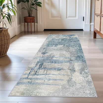 Modern Abstract Runner Rug 2x5: Washable Non-Slip Hallway Runner for Entryway, Kitchen - Soft Low-Pile Carpet with Rubber Backing, Throw Rugs for High Traffic Areas 2x5 Blue