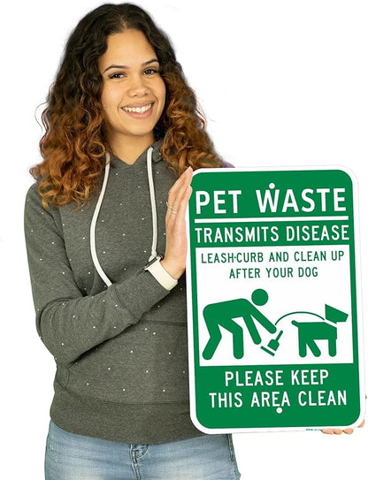 Brimar - 12" x 18" - Clean Up After Your Dog Sign - .063″ White Rust-Free Aluminum - Clean Up Symbol - Easy Installation