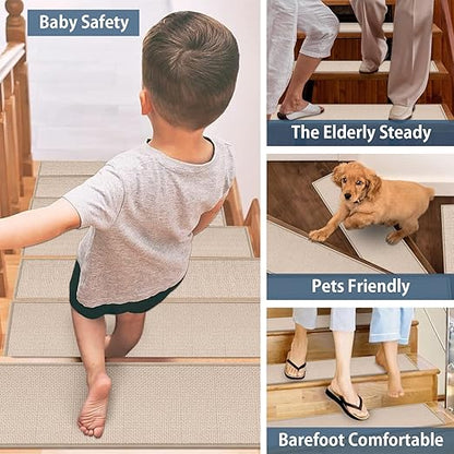 Peel and Stick Adhesive Stair Treads for Wooden Steps Indoor Set of 15 Pack, Rubber Backed Non Slip Jute Stair Rug Step Pads for Pet Dog, Elders and Kids, Beige