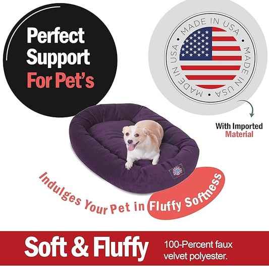 Majestic Pet 32 Inch Micro Velvet Calming Dog Bed Washable – Cozy Soft Round Dog Bed with Spine for Head Support - Fluffy Donut Puppy Mat 32x23x7 (inch) Medium – Aubergine