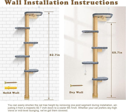 Cat Wall Shelves for Kittens, 83” Floor to Ceiling Cat Tree with Grey Plush Pads, Adjustable Wild Simulation Climbing Tree, Wall-Mounted Cat Tower with Scratching Post for Play, Climb & Scratching