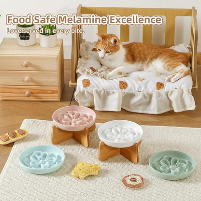 Elevated Slow Feeder Cat Bowl - Melamine Cat Dish with Anti-Slip Bamboo Stand - Whisker Friendly Feeding Bowl - Floral Maze Food Plate for Slow Eating - White