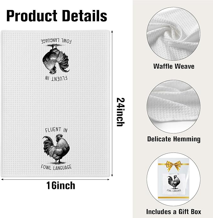 Chicken Dish Towel, Waffle Weave Microfiber Kitchen Cloth, Rustic Rooster Decor Accent, Farmhouse Style Gift for Chicken Lovers, Funny Country Hand Towel for Kitchen Bathroom - A05