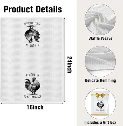Chicken Dish Towel, Waffle Weave Microfiber Kitchen Cloth, Rustic Rooster Decor Accent, Farmhouse Style Gift for Chicken Lovers, Funny Country Hand Towel for Kitchen Bathroom - A05