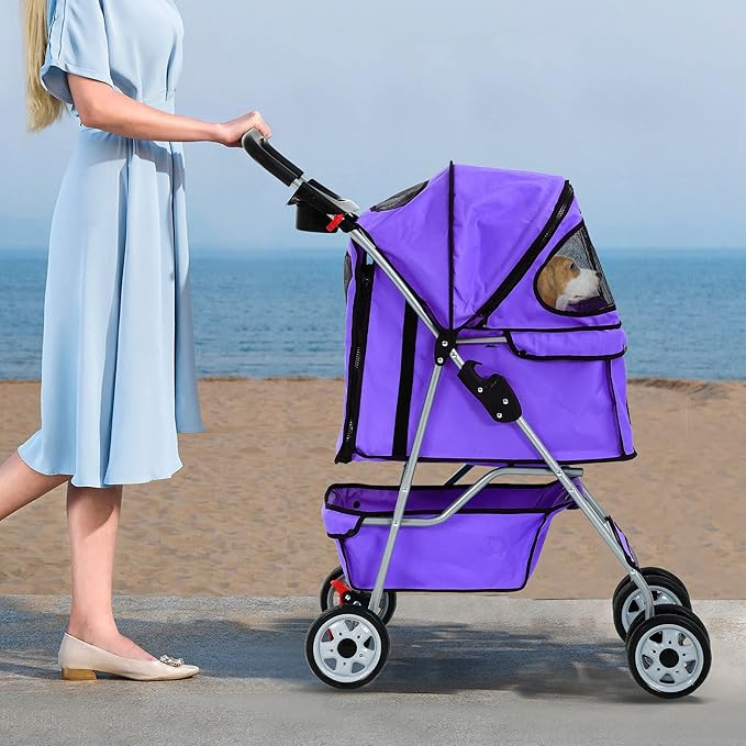 4 Wheels Pet Stroller Waterproof,Travel Stroller for Small Medium Dogs & Cats,Easy Fold with Removable Liner,Storage Basket,Purple