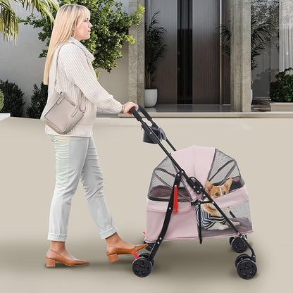 Pet Stroller for Small Medium Dogs Cats, Lightweight Foldable Pet Wagon with 360° Front Wheels & Brake, 40 lbs Capacity Carrier for Park Travel Shopping, Breathable Mesh Basket (Pale Pinkish Grey)