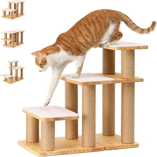 FUKUMARU Dog Stairs, Solid Wood Pet Stairs with Cat Scratching Post, Transformable Cat Ramp Can Hold Up to 200 lbs, 20 Inch Pet Steps for Dogs and Cats to Climb High Bed and Couch, Over 6 Combinations