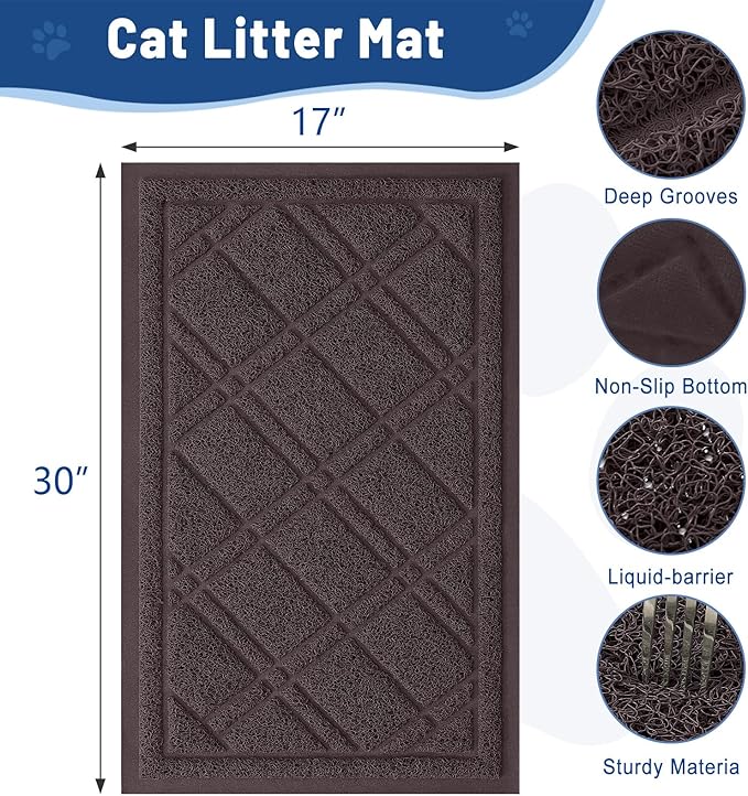Smiry Cat Litter Box Mat 30x17, Non-Slip Water Resistant Litter Trapping Mat, Easy Clean Less Waste and Urine-Locking Cat Carpet for Indoor, Brown