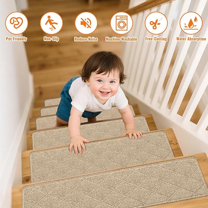 Stair Treads Non-Slip for Wooden Steps, 15Pack - 8" x 30" Edging Stair Runner Indoor for Kids Elders & Pets, Washable Carpet Stair Treads with Peel & Stick Reusable TPE Backing, Beige