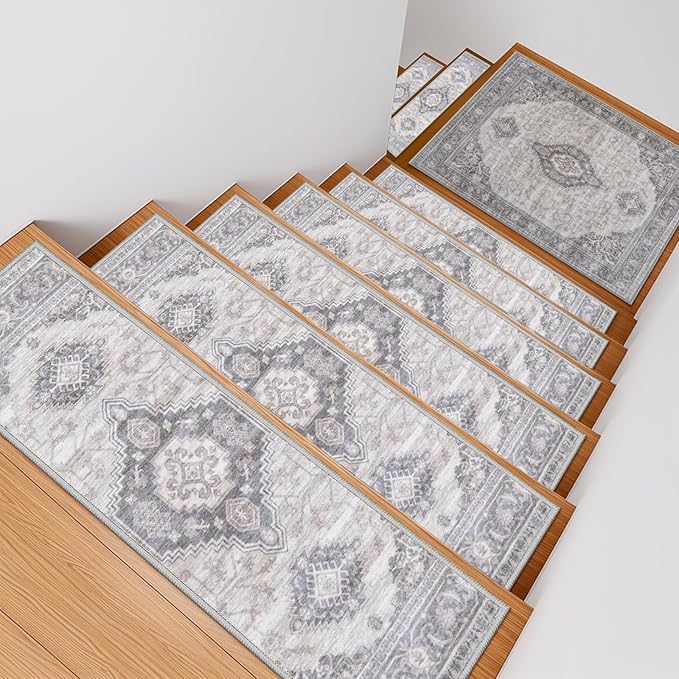 OJIA Stair Treads Carpet for Wooden Steps Non Slip Landing Mat Stair Rug with Rubber Backing, Faux Wool Soft Stair Runner Safety Rugs for Family, Absorbent Washable 31x31 inch Carpet for Stairs