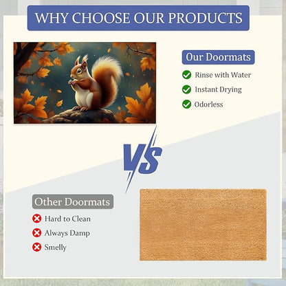 Door Mat, Cute Squirrel Rugs for Front Door,Non-Slip Fall Maple Leaf Low Profile Indoor Outdoor Welcome Mat for Entry Patio, Porch, Hallways,Kitchen 30 x 17 Inch