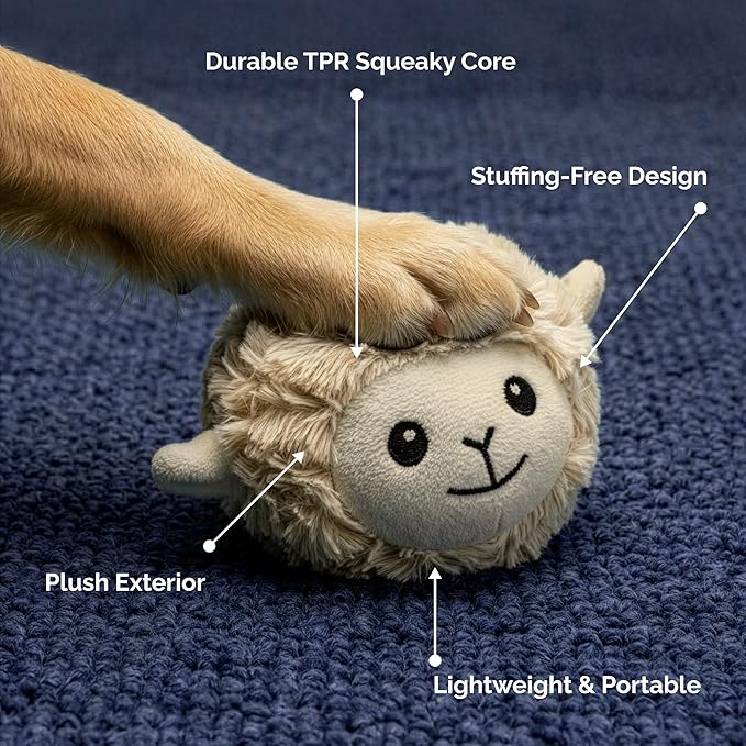 Pet Lou 4 Inch Squeaky Lamb Ball Dog Toy, Durable TPR Squeaky Ball with Plush Cover, Stuffing-Free Lamb Dog Toy for Small & Medium Breeds, Bouncy & Water-Floating