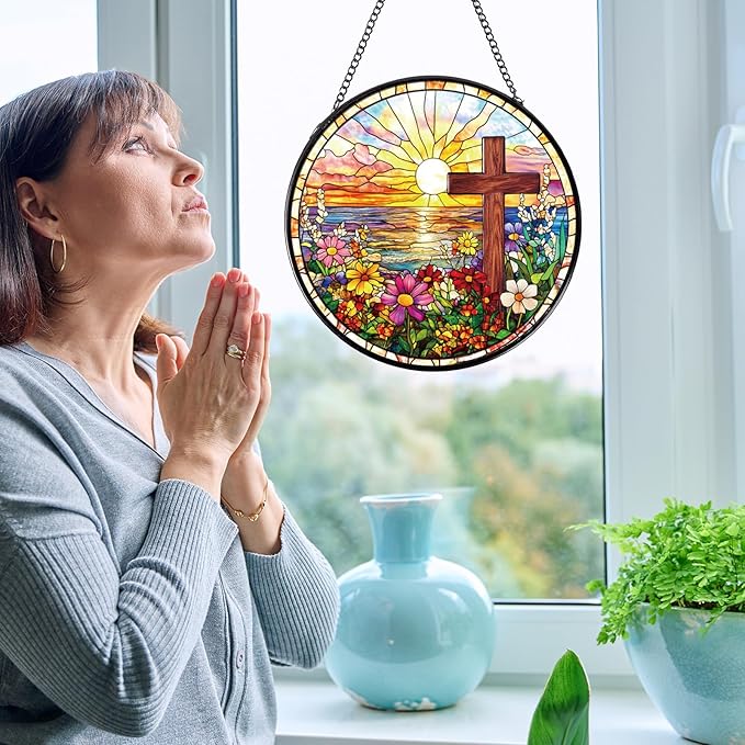 Cross Flower Stained Glass Window Hanging Gift, 7.8″ Sun Catchers Indoor Window Decor, Decorative Suncatchers Home Garden Art Religious Gift for Thanksgiving Christmas Housewarming