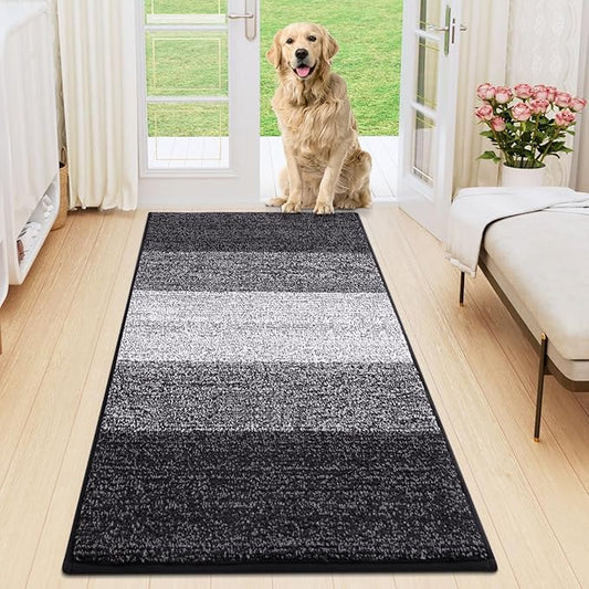 Smiry Dog Door Mat for Muddy Paws, Absorbs Moisture and Dirt, Low-Profile Entryway Mat with Non-Slip Backing, Entry Indoor Outdoor Doormat for Inside Floor (59x20 Inches, Black, Striped)