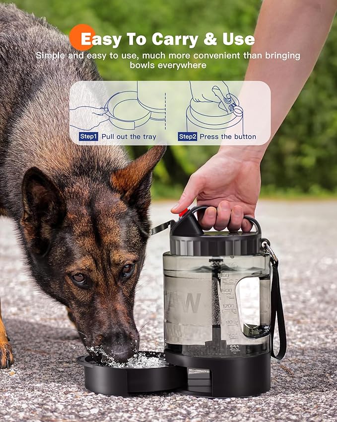 77oz Large Dog Water Bottle - Portable Travel Dog Water Dispenser & Bowl - Leak-Proof Pet Water Jug for Hiking, Camping, Walking & Car Trips, Black