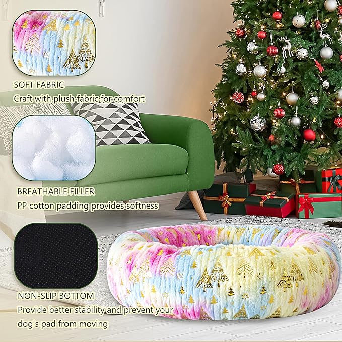 39 Inch Christmas Tree Calming Dog Bed for Large Dogs, Round Anti-Anxiety Warm Bed, Soft Cozy Anti-Slip Donut Washable Pet Bed, Fits up to 100 lbs Pets