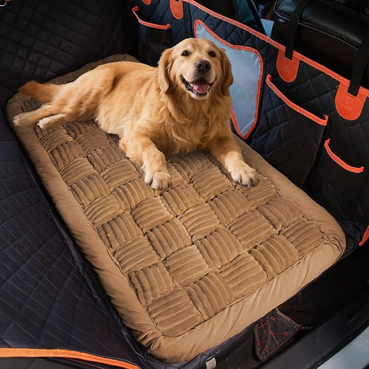 Soulbond Dog Bed for Car Back Seat Soft Plush Backseat Pet Bed Mat Non-Slip Travel Pet Mat, Fuzzy Plaid Dog Seat Cover, Fit for Backseat Extenders and Trucks SUVs (Dark Brown, 54" x 24.8")