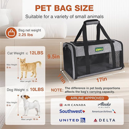 TSA Approved Pet Carrier in Cabin, 17"x11"x9.5" Soft Cat Carriers for Small Cats up to 12 lb, Top-Open Portable Dog Carrier with Litter Box and Anti-Scratch Mesh for Puppy up to 10 lb, Gray
