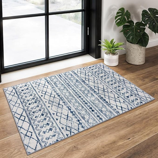 KUTA Moroccan Area Rugs, 2x3 Blue White Entryway Rug Non-Slip Washable Small Indoor Door Mat, Ultra Soft Print Vintage Distressed Geometric Low-Pile Floor Carpet for Entrance Kitchen
