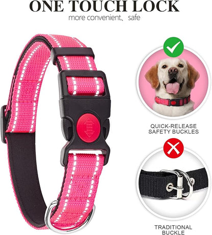2 Pack Reflective Dog Collars for Medium Dogs Girl Boys,Female Male,Nylon Dog Collars for Puppy Small Large Dogs with Quick Release Safety Buckle, Durable Padded Soft Neoprene Dog Collar,Pink,Red,M
