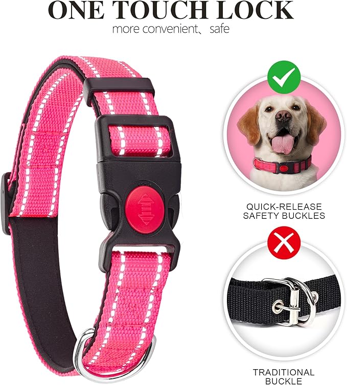 2 Pack Reflective Dog Collars for Medium Dogs Girl Boys,Female Male,Nylon Dog Collars for Puppy Small Large Dog with Quick Release Safety Buckle, Durable Padded Soft Neoprene Collar,Red,Holly Green,M