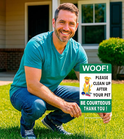 3X Double Sided 12x8 Please Clean Up After Your Pet Sign - Lawn Fun Pet Plastic Signs - Collect Dog Poo and Don't Wet Also No Dogs Poo for the Yard - Signs to Curb Your Dog with Metal H-Shaped Stakes