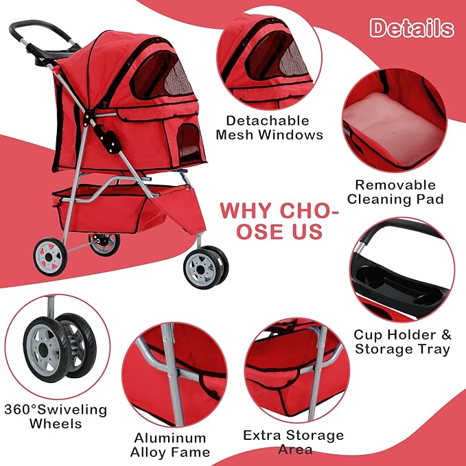 3 Wheels Dog Stroller, Foldable Pet Stroller for Small Medium Dogs, Portable Breathable Cat Stroller Dog Strollers with Storage Basket, Cup Holders, Removable Liner for Travel & Outdoor Use, Red