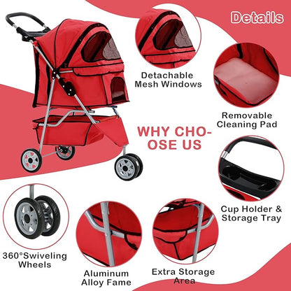 3 Wheels Dog Stroller, Foldable Pet Stroller for Small Medium Dogs, Portable Breathable Cat Stroller Dog Strollers with Storage Basket, Cup Holders, Removable Liner for Travel & Outdoor Use, Red