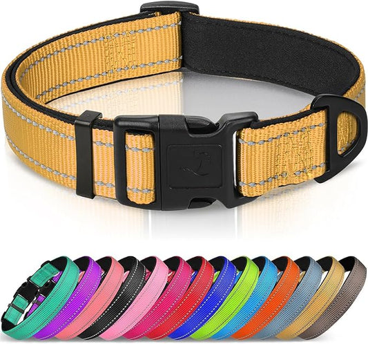Joytale Reflective Dog Collar, Soft Neoprene Padded, Metal D-Ring, Nylon Pet Collar Adjustable for Large Dogs, Khaki, L