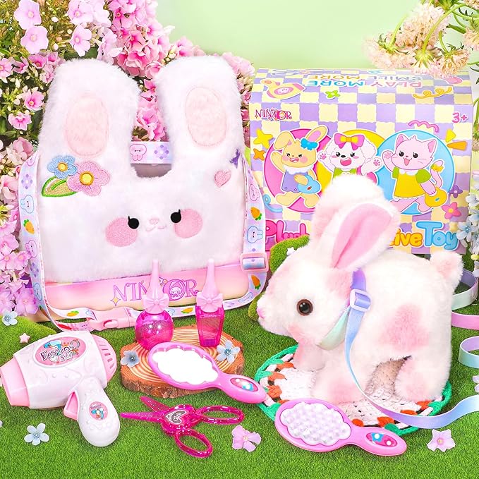 Easter Hopping Bunny Toy for Kids with Crossbody Bags, Interactive Wiggle Ears Rabbit Toy for Girls Trip Pretend Play Robot Pet Care Cute Stuff Plushies Birthday Gifts Easter Basket Stuffers