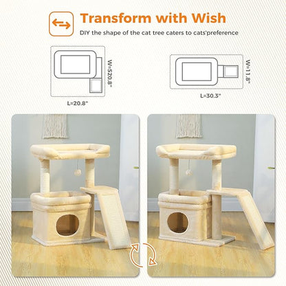 PEQULTI Small Cat Tree Tower for Large Adult Cats with Wide Top Perch, Private Cat Condo and Sisal Scratching Post&Pad for Indoor Cats, Beige