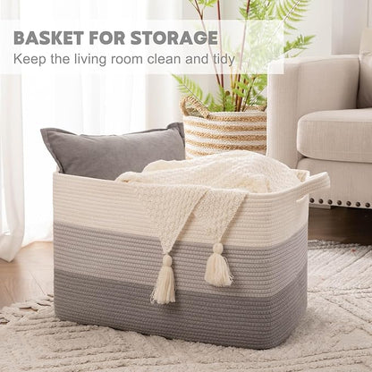 OIAHOMY Large Storage Basket, Cotton Rope Woven Blanket Basket, Toy Bin for Baby Room, Container for Blanket Storage in Living Room, 20''×16''×12'', Gradient Grey
