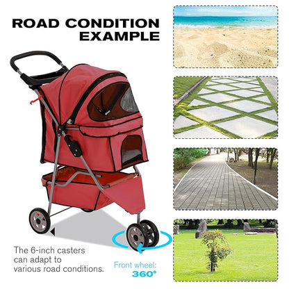 HCY Folding Dog Stroller, 3 Wheels Cat Strollers Pet Gear for Small Medium Cats Dogs Puppy with Storage Basket, Cup Holder,Lightweight-Red, 35.04 inch x17.32 inch x38.58 inch