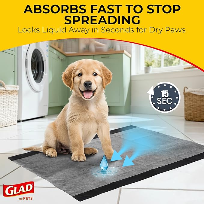 Glad for Pets Extra Large Charcoal Dog Training Pads, Absorbent Leak Proof Pee Pads for Dogs and Puppies, Odor Control Potty Pads with Activated Carbon, 28 x 30 Inches, 50 Count