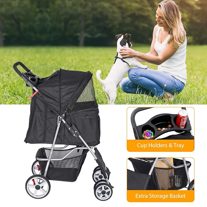4 Wheels Dog Stroller Folding Pet Strolling Cart for Small Medium Cats Puppies Portable Jogger Travel Camping Puppy Carrier with Storage Basket Cup Holder, Black
