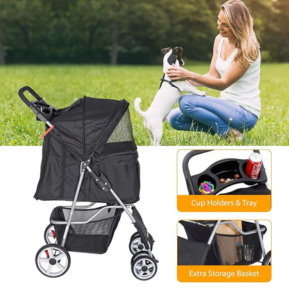 4 Wheels Dog Stroller Folding Pet Strolling Cart for Small Medium Cats Puppies Portable Jogger Travel Camping Puppy Carrier with Storage Basket Cup Holder, Black