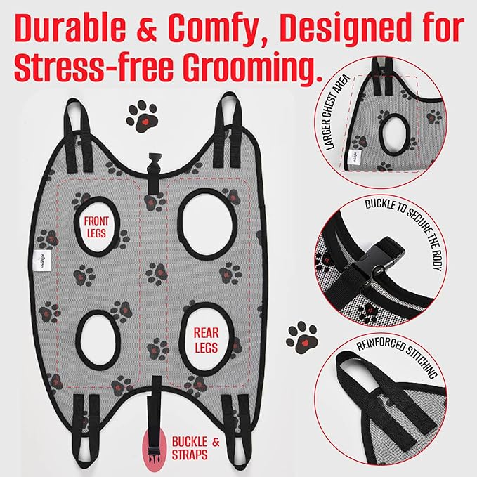 Dog Grooming Hammock for Dogs–Pet Restraint for Nail Trimming with Pet Nail Clipper–Dog Sling for Grooming, Pet Hammock for Nail Cutting & Grooming Harness (Legs Spacing: 16.14-27.14”/Max W:120lb)