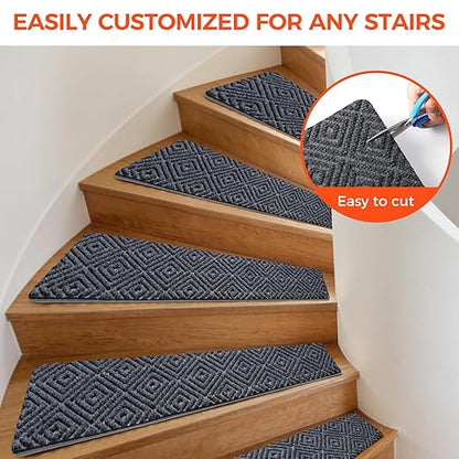 BAGAIL 15 Pack Non-Slip Stair Treads for Wooden Steps, 8"x30" Peel and Stick Carpet Stair Runners, Machine Washable Indoor Step Covers with No-Residue Adhesive for Dogs, Kids & Elderly - Dark Gray