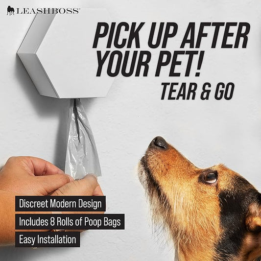 Leash Boss Dog Poop Bag Dispenser Wall Mount with Container for Extra Storage, Doggy Bag Holder for Pet Waste Stations, Includes 8 Rolls (120 Bags) of Unscented Pet Waste Bags