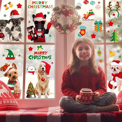 Christmas Window Cling Dog Stickers for Window Glass, 164 PCS 9 Sheets Xmas Decals Decorations Christmas Dog Tree Bells Decals for Holiday Party