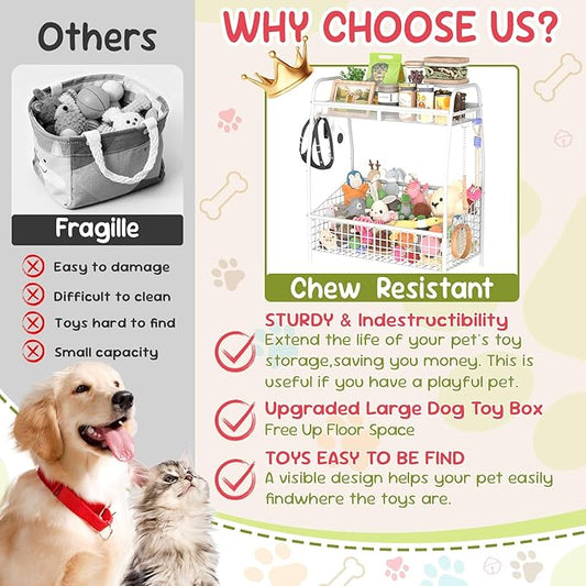 Indestructible Large Dog Toy basket, Toy Box for Dogs,Pet Toys Bin Dog Metal Wire Basket for Toys, Food Storage, Storage Organizer Chest Storage, Toy Box for Living Room Area (White)