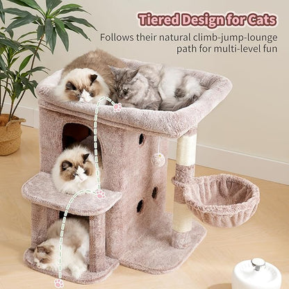 Heybly Cat Tree, 25.6-inch Cat Tower with Spacious Top Perch for Large Cats, Stair-Style Cat House Furniture with Dual-Layer Condos, Sisal Scratching Posts, Cozy Basket & Pompom, Muchroom HCT204SMU