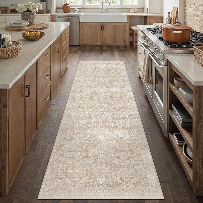 Beige Runner Rug 2x10 Washable Neutral Hallway Kitchen Carpet Vintage Non Slip Indoor Low Pile Soft Thin Retro Floral Accent Throw Long Rug for Bathroom Office Laundry Dining Living Room