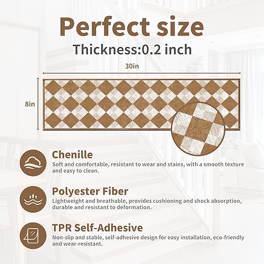 Non-Slip Carpet Stair Treads 4PCS, 8"x30" Peel and Stick Stair Runner for Wooden Steps Indoor, Washable Reusable Adhesive Backing, Pet-Friendly Safety Mats for Kids, Elders, Dogs