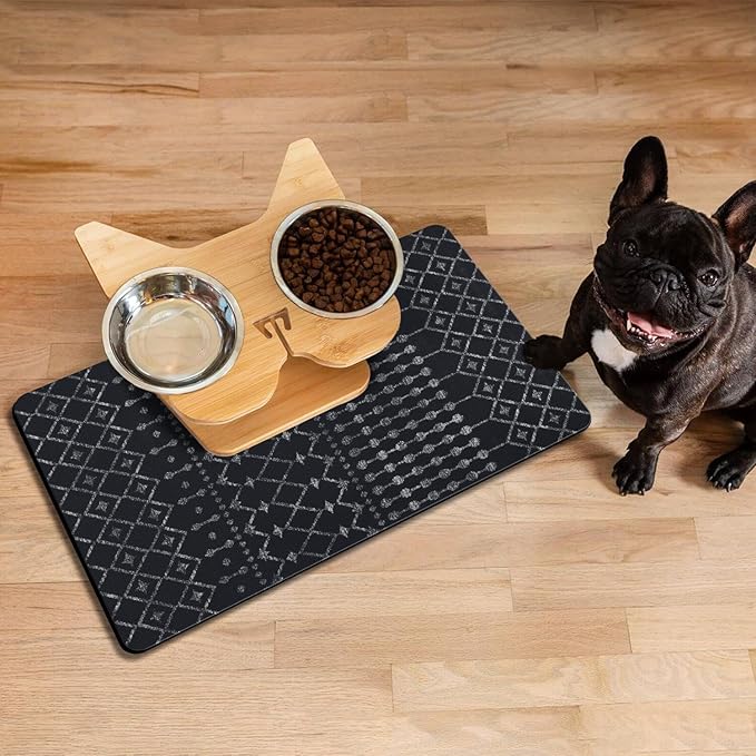Dog Food Mats for Floors Absorbent, Cat Food Mat - Pet Cat Feeding Mat Quick Dry, Dog Bowl Mats for Water, Pet Supplies Feeding Placemat 16" x 24" Black Boho