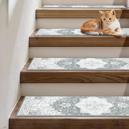 Non Slip Stair Treads for Wooden Steps 15PCS - 8"x30" Indoor Safety Carpet, Edging Mats with TPE Adhesive Backing, Pet and Elderly Friendly Stair Rugs (Grey)